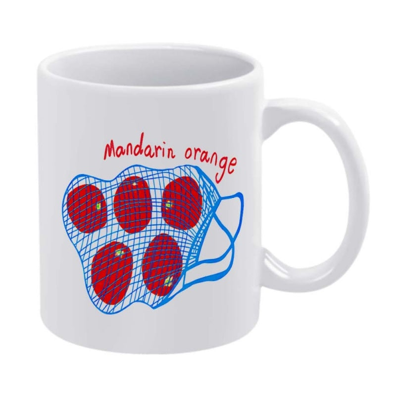 Tailorly White Ceramic 11 oz Mug - Mandarin Orange Vibrant Red Fruits Inside A Delicate Hand Drawn Blue Mesh Bag Mandarin