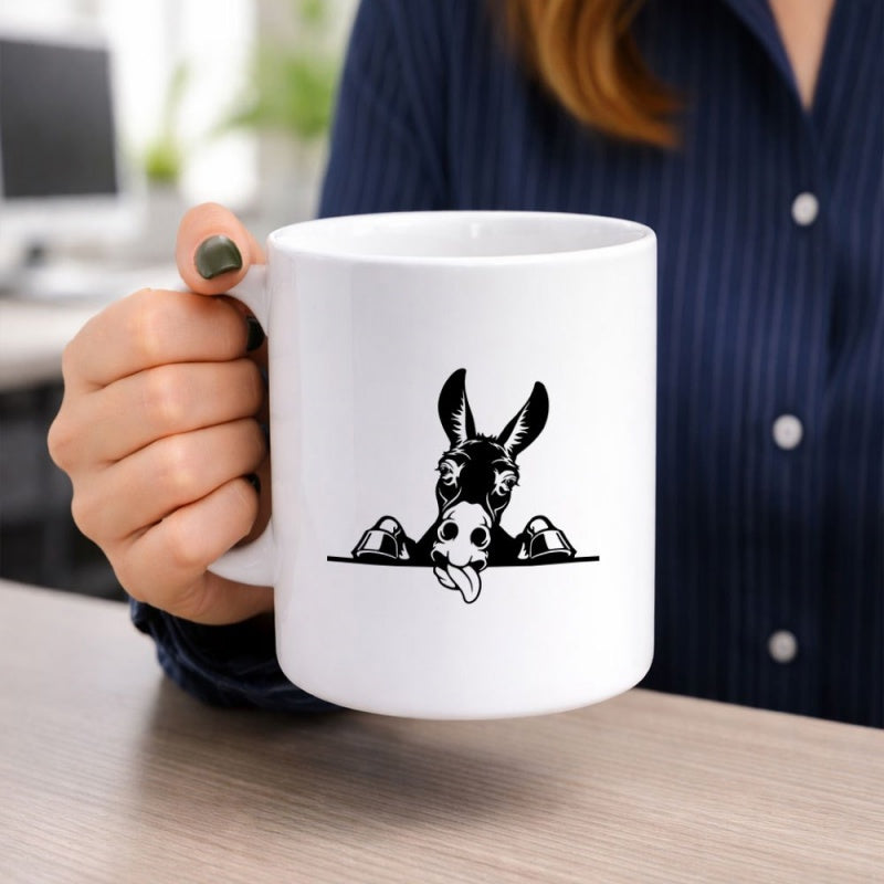 Tailorly White Ceramic 11 oz Mug - Hand Drawn Minimalist Peeking Animal With Hooves And Playful Tongue Donkey