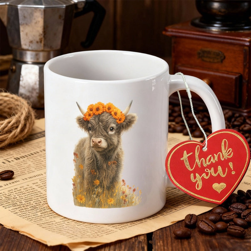 Tailorly White Ceramic 11 oz Mug - Thank You Adorable Baby Highland Cow Wearing Bright Orange Flower Crown Calf