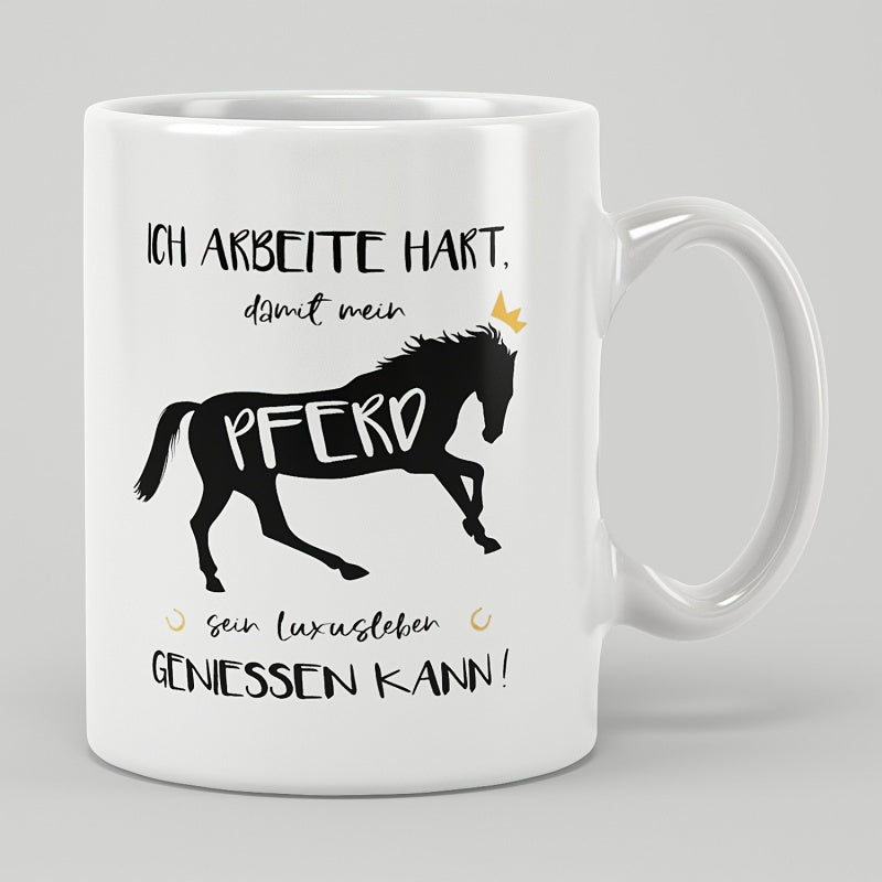 Tailorly White Ceramic 11 oz Mug - Silhouette Style Galloping With Small Golden Crown And Decorative Elements Horse
