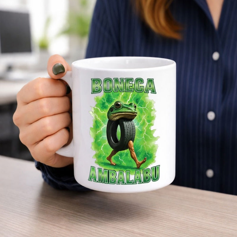 Tailorly White Ceramic 11 oz Mug - Surreal Walking Tire With Green Energy Lightning And Frog Head Frog