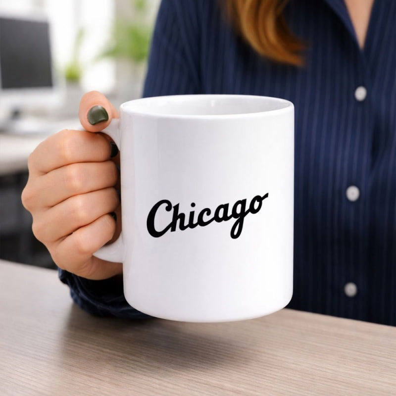 Tailorly White Ceramic 11 oz Mug - Chicago Elegant Minimalist Black Script Lettering On A Plain White Surface Mug