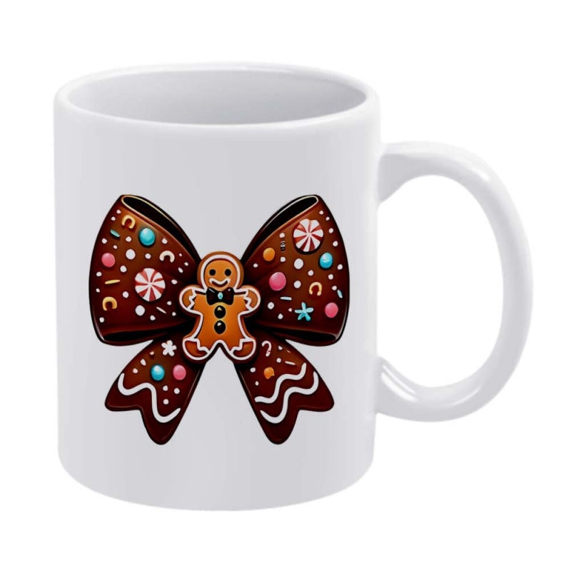Tailorly White Ceramic 11 oz Mug - Festive Brown Chocolate Holiday Bow Decorated With Colorful Sweets And Gingerbread Man