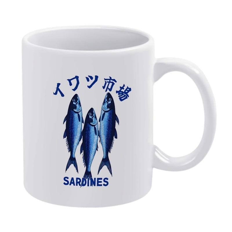 Tailorly White Ceramic 11 oz Mug - Sardines Three Blue Fish Arranged Vertically With A Minimalist Artistic Nautical Style Sardines