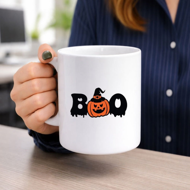 Tailorly White Ceramic 11 oz Mug - Boo Spooky Halloween Graphic Featuring A Smiling Witch Hat Pumpkin