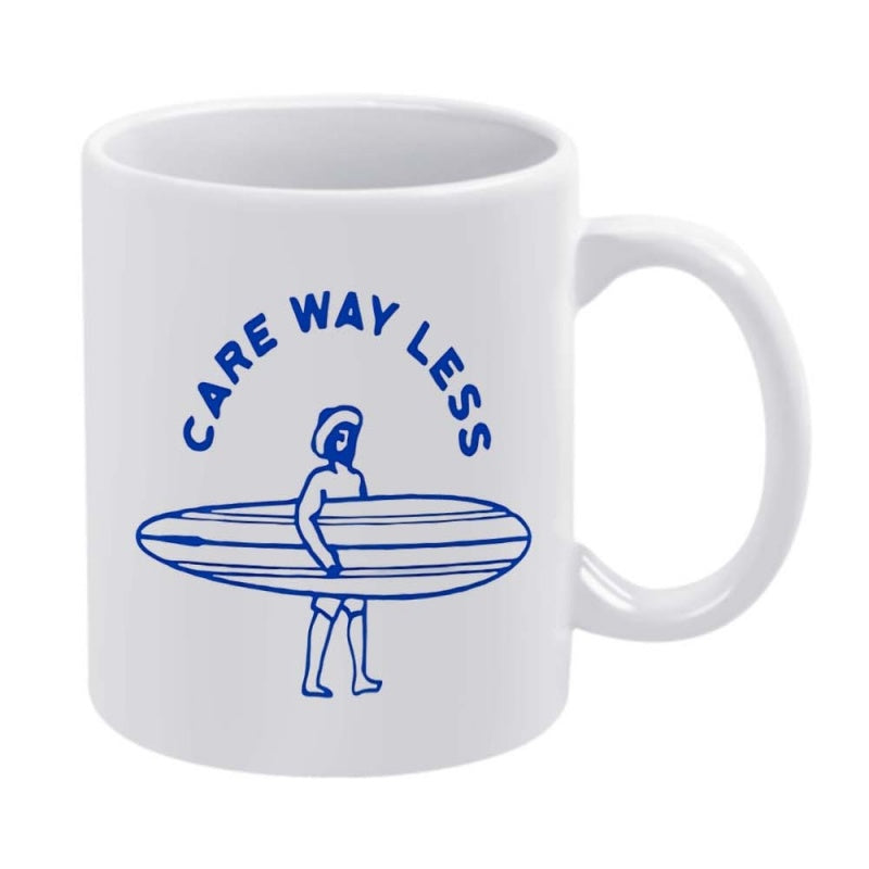 Tailorly White Ceramic 11 oz Mug - Care Way Less Minimalist Blue Line Art Style Holding A Surfboard Under Text Surfer