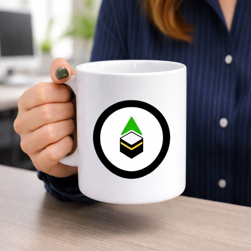 Tailorly White Ceramic 11 oz Mug - Minimalist Circular Graphic Featuring Sacred Black Cube And Vibrant Green Pointer Kaaba