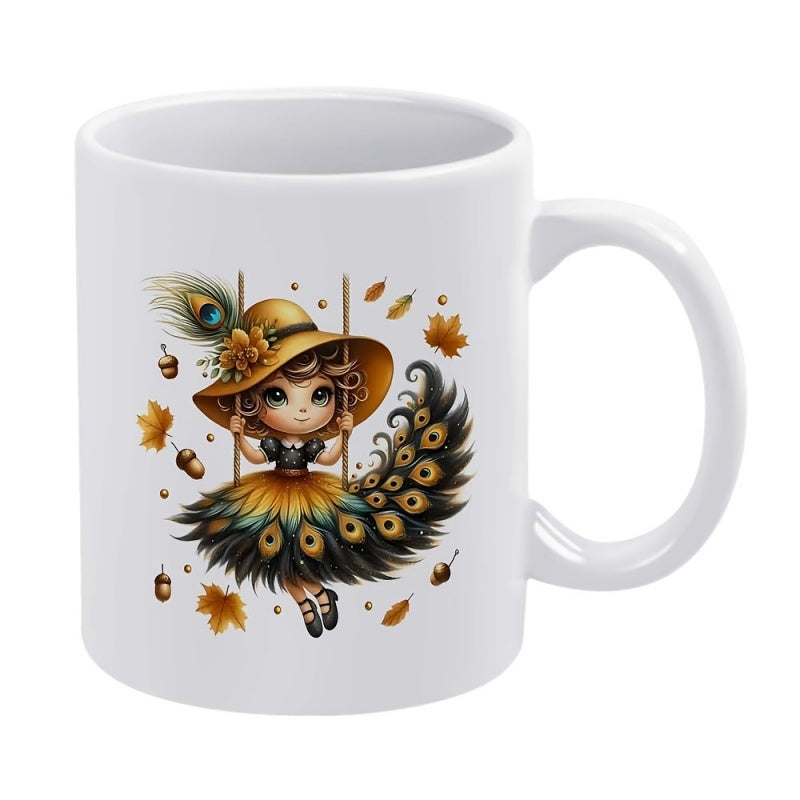 Tailorly White Ceramic 11 oz Mug - Whimsical Little Chibi Wearing Peacock Feather Hat On Swing Surrounded By Autumn Leaves Girl