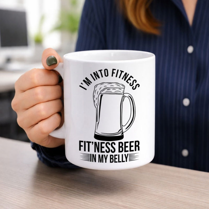 Tailorly White Ceramic 11 oz Mug - Im Into Fitness Fitness Beer In My Belly Minimalist Black Line Art Style Featuring A Frothy Cold Refreshing Glass Beer Mug