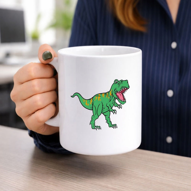 Tailorly White Ceramic 11 oz Mug - Green Cartoon Roaring Tyrannosaurus With Yellow Stripes On Body Dinosaur