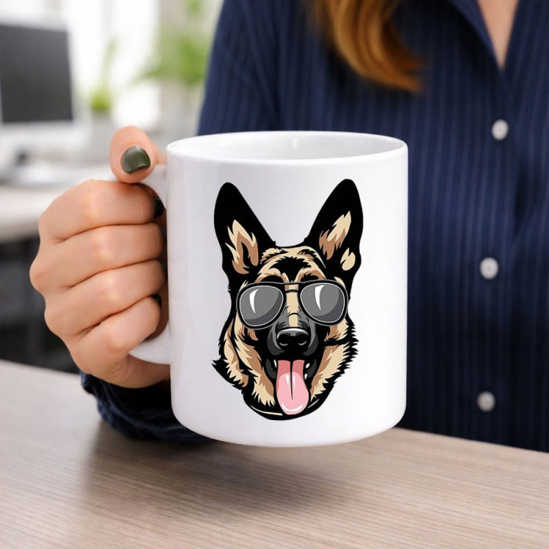 Tailorly White Ceramic 11 oz Mug - Cool German Shepherd Wearing Stylish Black Sunglasses And Happy Smiling Expression Dog