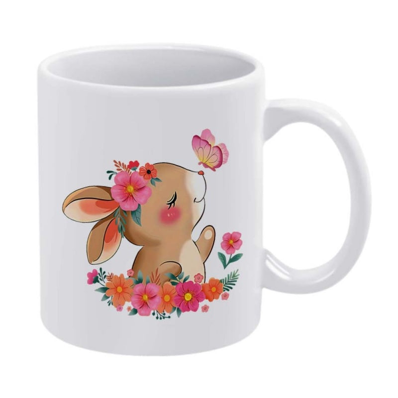 Tailorly White Ceramic 11 oz Mug - Cute Little Brown Animal With Floral Crown And Flying Butterfly Bunny