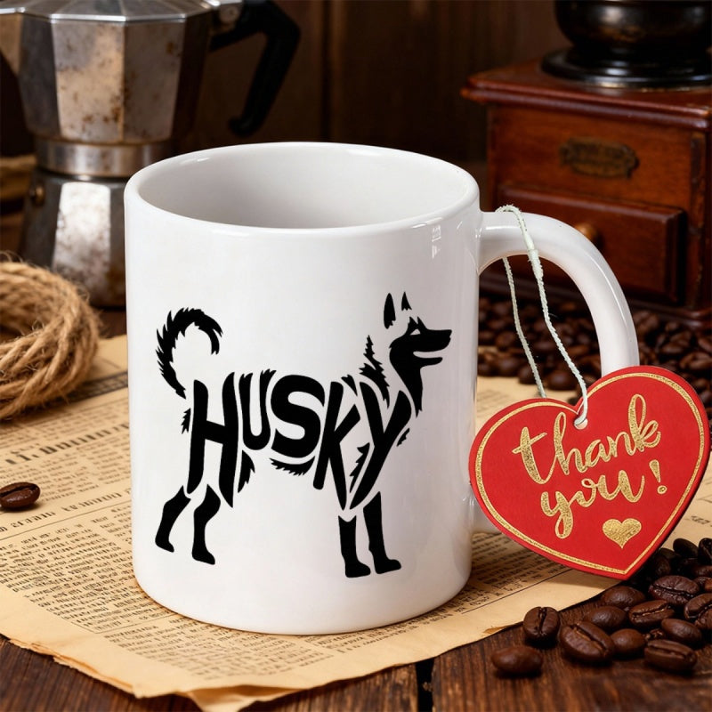 Tailorly White Ceramic 11 oz Mug - Husky Artistic Black Silhouette Created With Creative Bold Typography Standing Dog