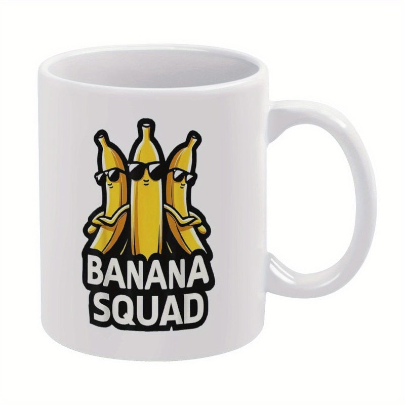 Tailorly White Ceramic 11 oz Mug - Banana Squad Three Cool Cartoon Yellow Bananas Wearing Sunglasses Standing In A Row Banana