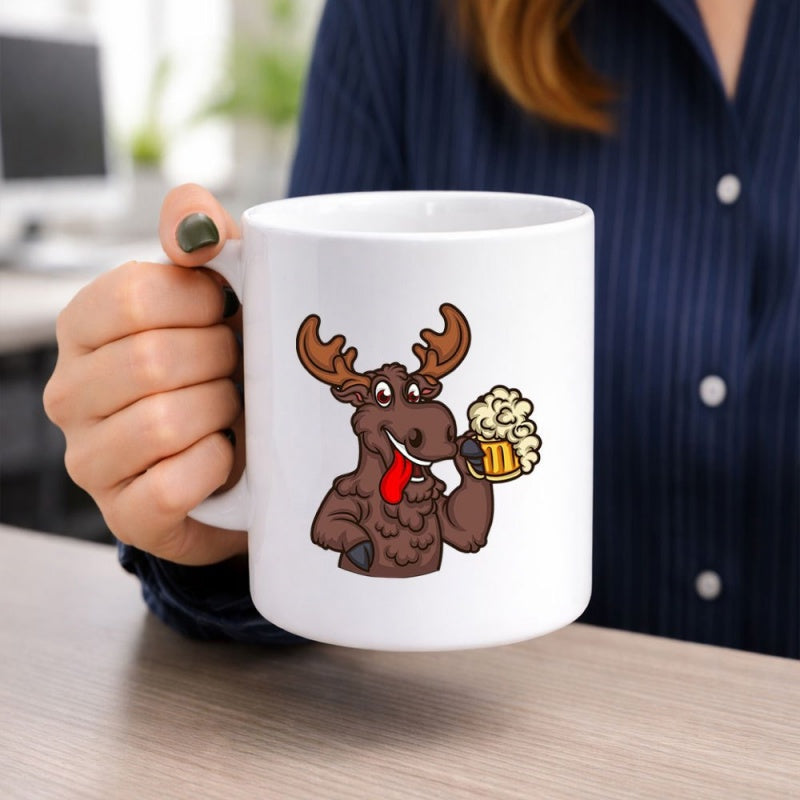 Tailorly White Ceramic 11 oz Mug - Funny Cartoon Character Holding A Frothy Mug Of Beer Moose