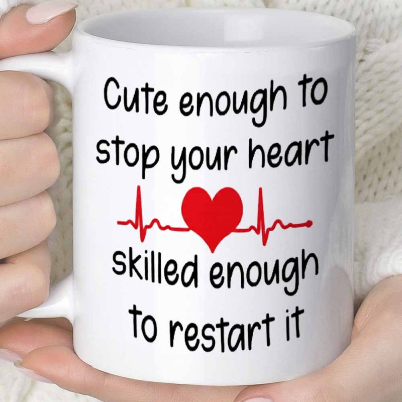 Tailorly White Ceramic 11 oz Mug - Cute Enough To Stop Your Heart Skilled Enough To Restart It Minimalist White Ceramic Vessel With Heart And Red Pulse Line Mug