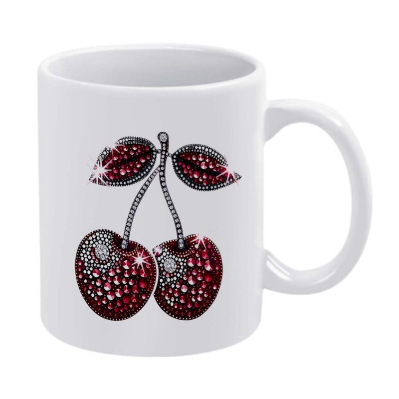 Tailorly White Ceramic 11 oz Mug - Elegant Sparkling Red Fruit With Silver Rhinestones And Delicate Glittering Leaves Cherry