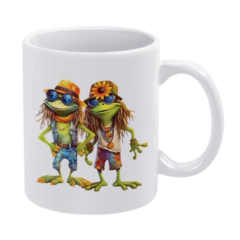 Tailorly White Ceramic 11 oz Mug - Cool Trendy Hippie Characters Wearing Sunglasses And Colorful Summer Hats Frogs