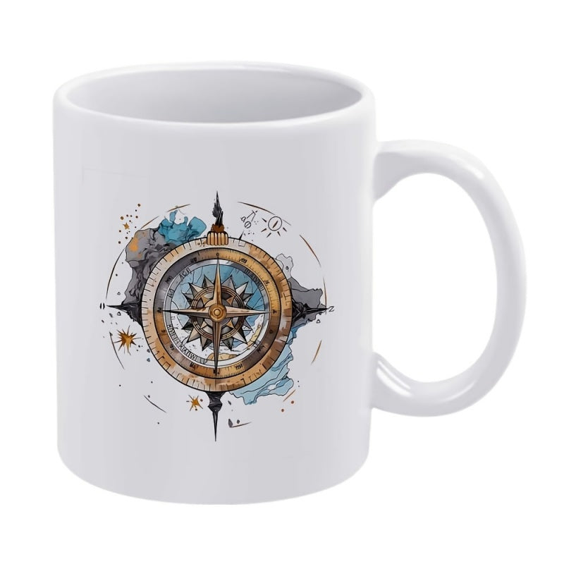 Tailorly White Ceramic 11 oz Mug - Vintage Nautical Map Style With Artistic Watercolor Splashes And Detailed Compass