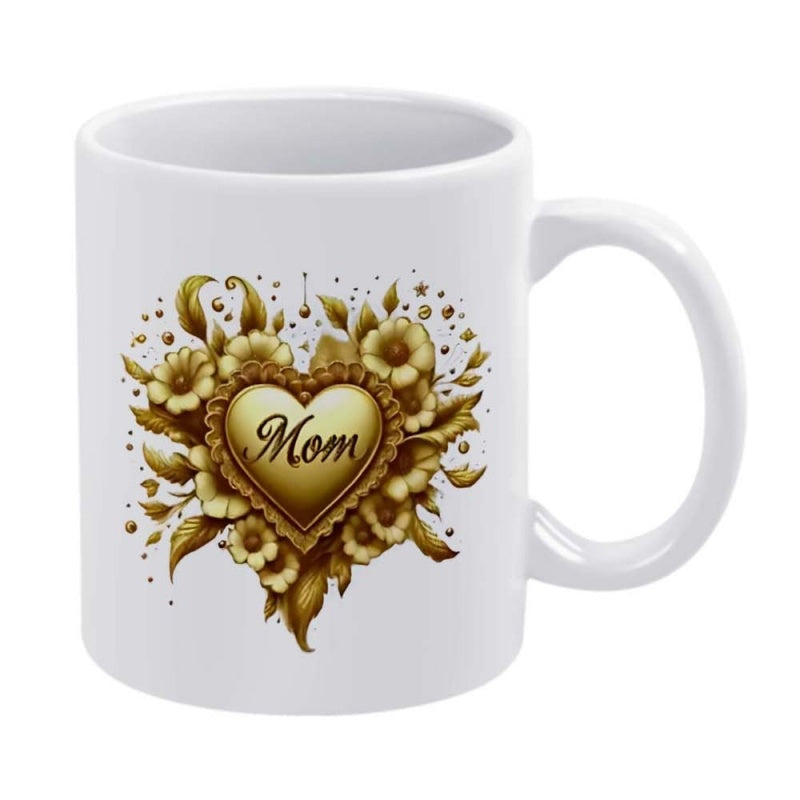 Tailorly White Ceramic 11 oz Mug - Mom Elegant Golden Floral Pattern With Delicate Vintage Leaves Heart