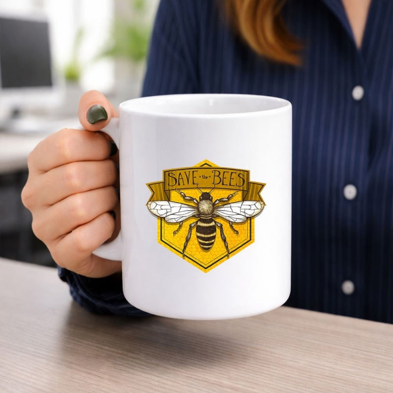 Tailorly White Ceramic 11 oz Mug - Save Bees Detailed Honeybee Resting On A Golden Hexagon Under Banner Bee