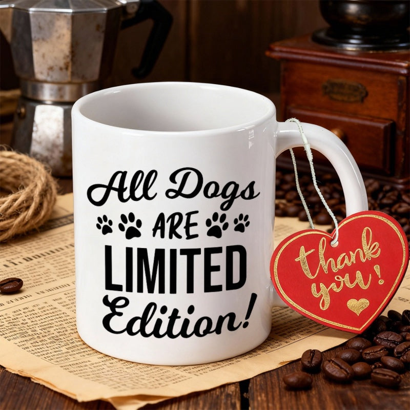 Tailorly White Ceramic 11 oz Mug - All Dogs Are Limited Edition Minimalist Black Paw Prints With Bold Script Typography On