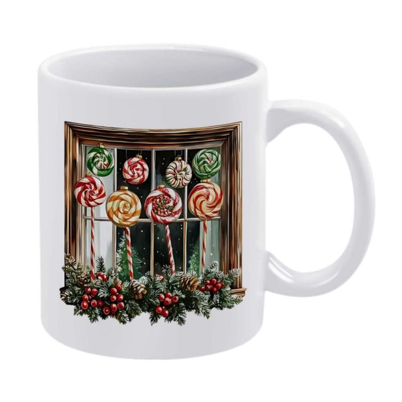 Tailorly White Ceramic 11 oz Mug - Colorful Swirl Lollipops Arranged Inside A Rustic Snowy Winter Scene Window