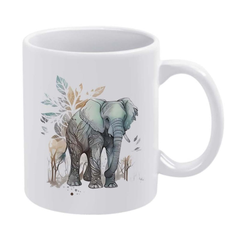 Tailorly White Ceramic 11 oz Mug - Artistic Watercolor Wildlife Theme Featuring Tropical Foliage And Majestic Safari Elephant
