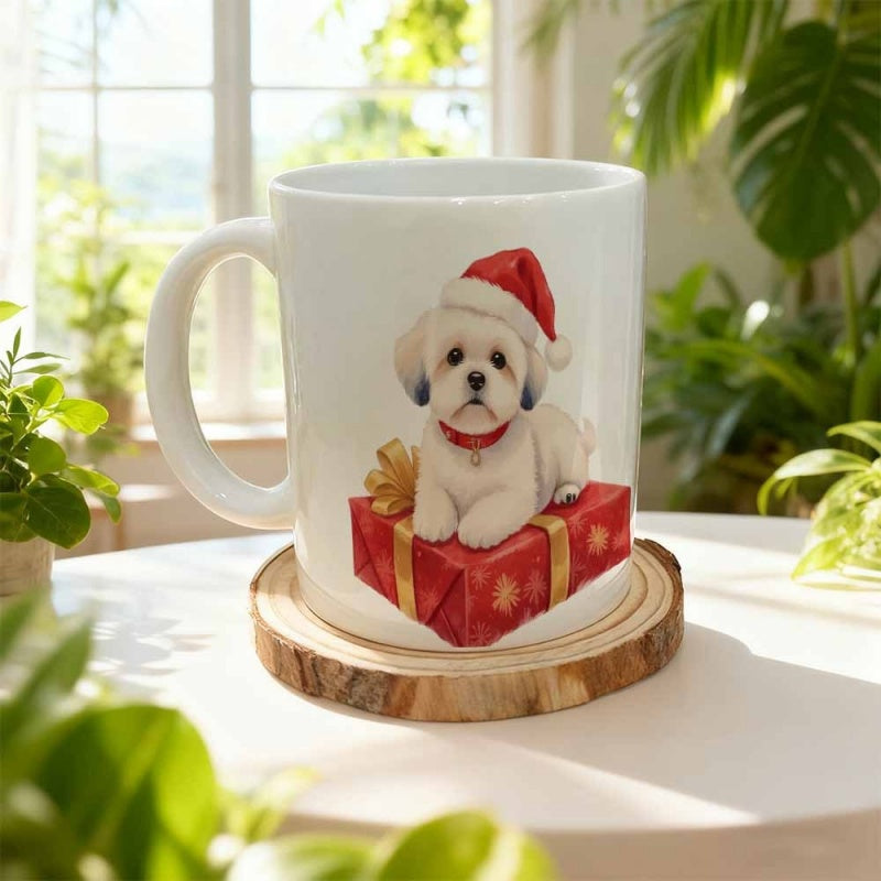 Tailorly White Ceramic 11 oz Mug - White Fluffy Puppy Wearing A Red Santa Hat On A Christmas Gift Dog