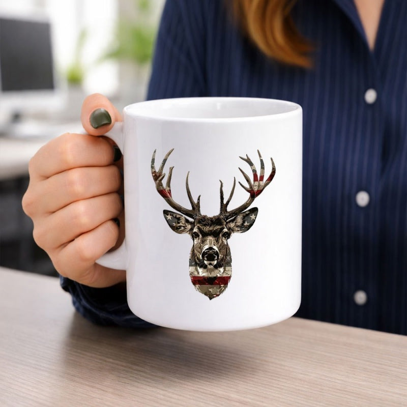 Tailorly White Ceramic 11 oz Mug - Majestic Buck Head Featuring American Flag Pattern And Large Antlers Deer