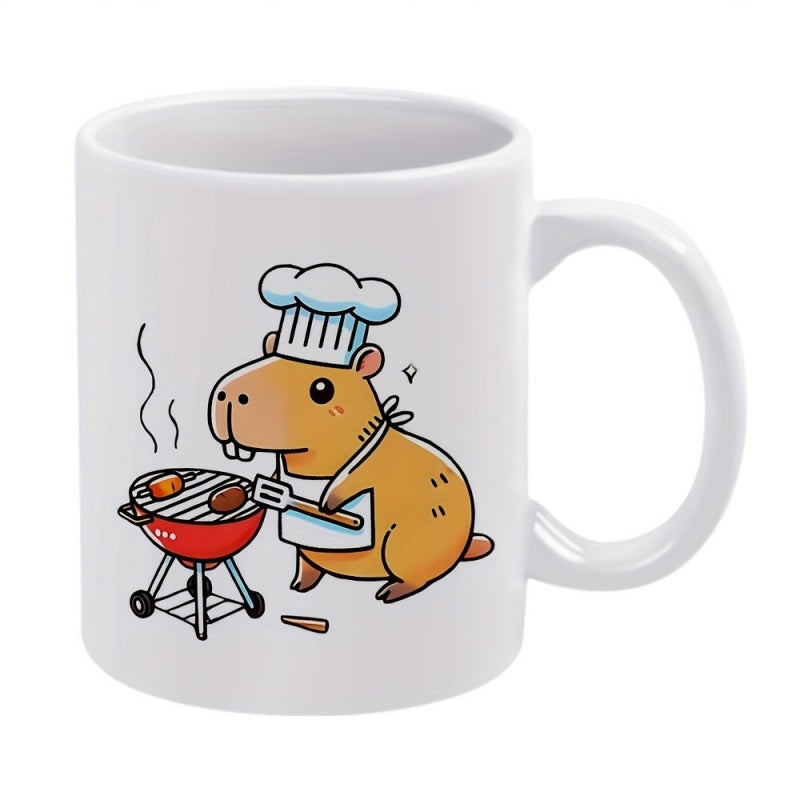 Tailorly White Ceramic 11 oz Mug - Cute Chef Capybara Wearing White Hat Grilling Food On Red BBQ Grill Capybara
