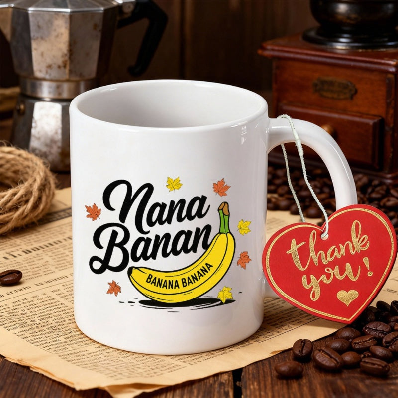 Tailorly White Ceramic 11 oz Mug - Nana Banana Yellow Ripe Fruit Surrounded By Small Colorful Autumn Leaves Banana