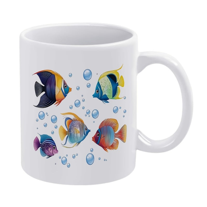 Tailorly White Ceramic 11 oz Mug - Colorful Tropical Sea Creatures Swimming Among Floating Ocean Bubbles Under Deep Blue Water Fish
