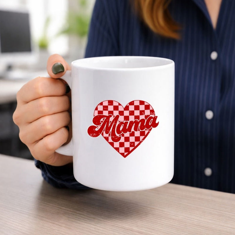 Tailorly White Ceramic 11 oz Mug - Mama Vintage Red Checkered Heart Graphic On Simple