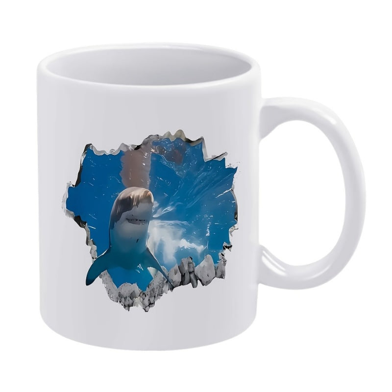 Tailorly White Ceramic 11 oz Mug - Powerful Great White Shark Emerging From A Realistic Cracked Hole Effect Shark