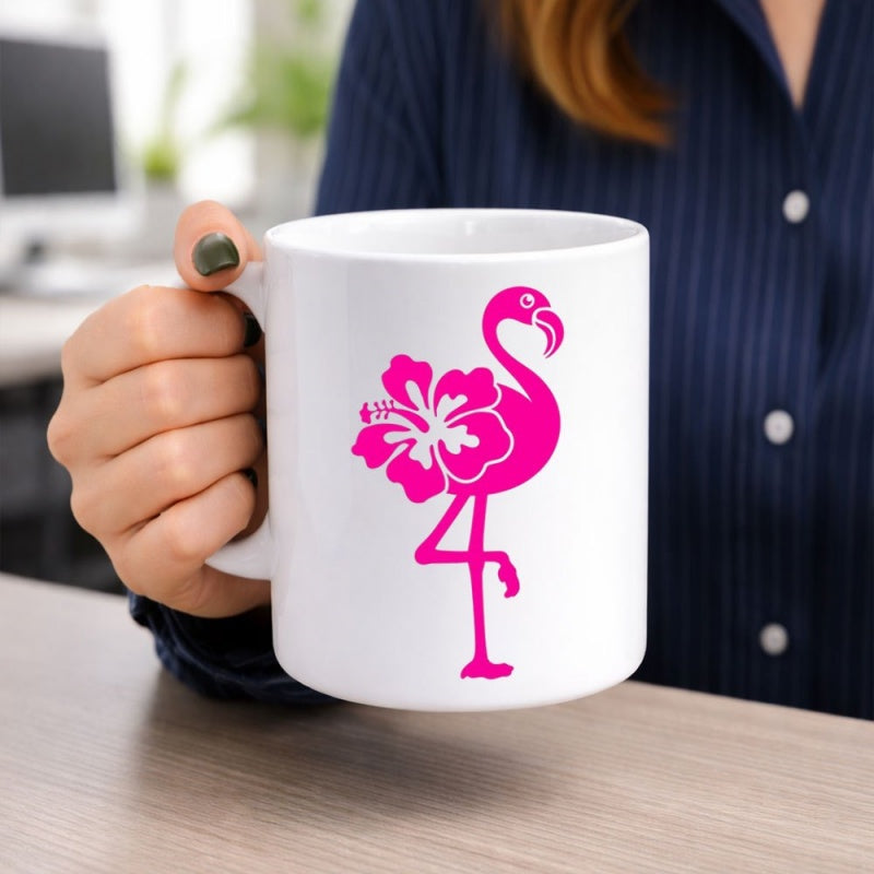 Tailorly White Ceramic 11 oz Mug - Vibrant Pink Tropical Hibiscus Flower Integrated Into A Standing Graceful Flamingo