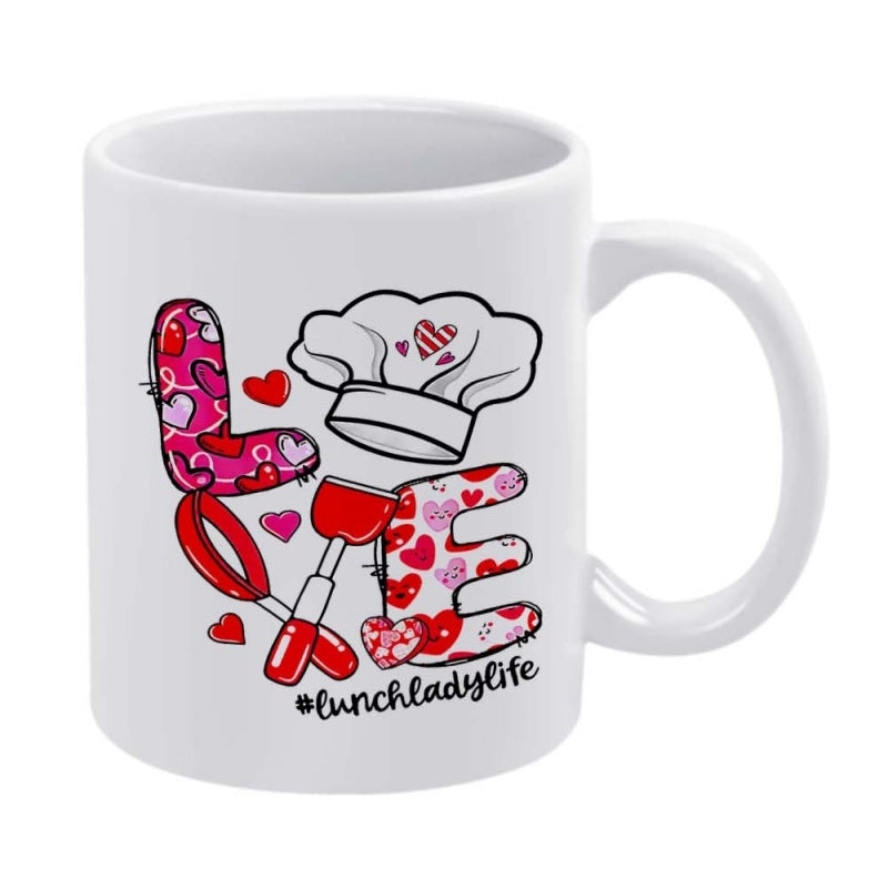 Tailorly White Ceramic 11 oz Mug - Lunchlady Life Artistic Heart Patterned Letters Using Red Whisk And Spatula Chef Hat