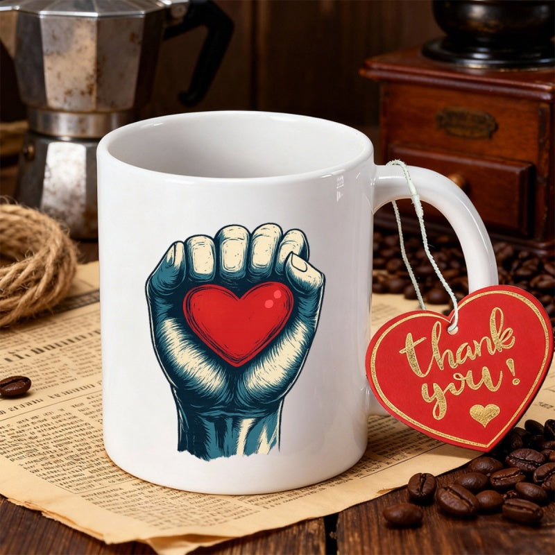Tailorly White Ceramic 11 oz Mug - Thank You Vintage Pop Art Hand Clenched Firmly Around A Radiant Red Heart Fist