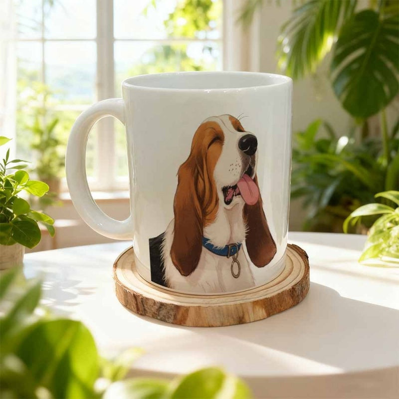 Tailorly White Ceramic 11 oz Mug - Adorable Illustrated Cartoon Character With Long Ears And Pink Tongue Dog