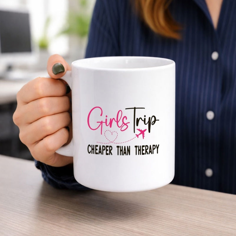 Tailorly White Ceramic 11 oz Mug - Girls Trip Cheaper Than Therapy Minimalist Artistic Pink Script Featuring Delicate Heart And Flying Silhouette Airplane