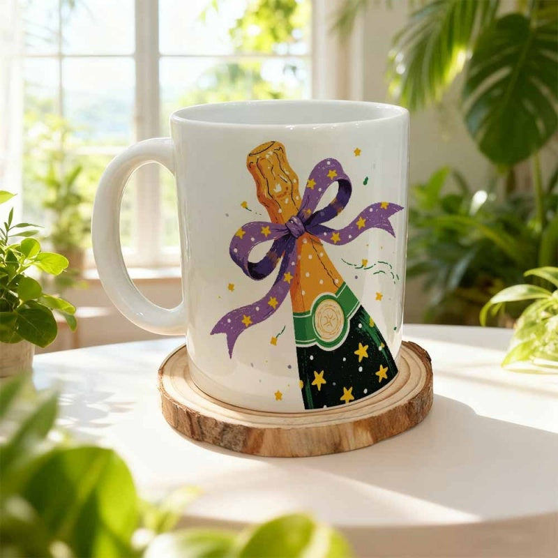 Tailorly White Ceramic 11 oz Mug - Festive Celebration Theme With Elegant Purple Ribbon Bow And Golden Stars Bottle