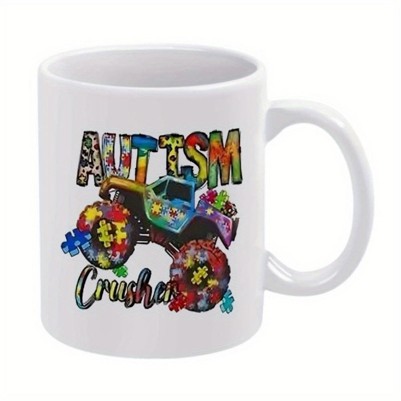 Tailorly White Ceramic 11 oz Mug - Autism Crusher Colorful Monster Truck Featuring Decorative Puzzle Pieces And Leopard Print Truck