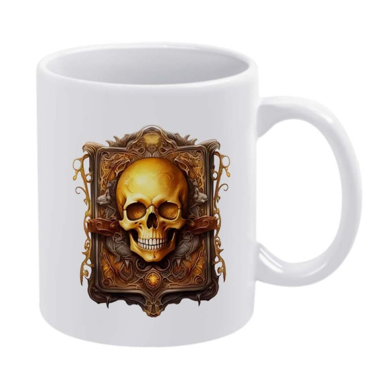 Tailorly White Ceramic 11 oz Mug - Golden Ornate Gothic Plaque With Carved Metallic Details And Vintage Skull