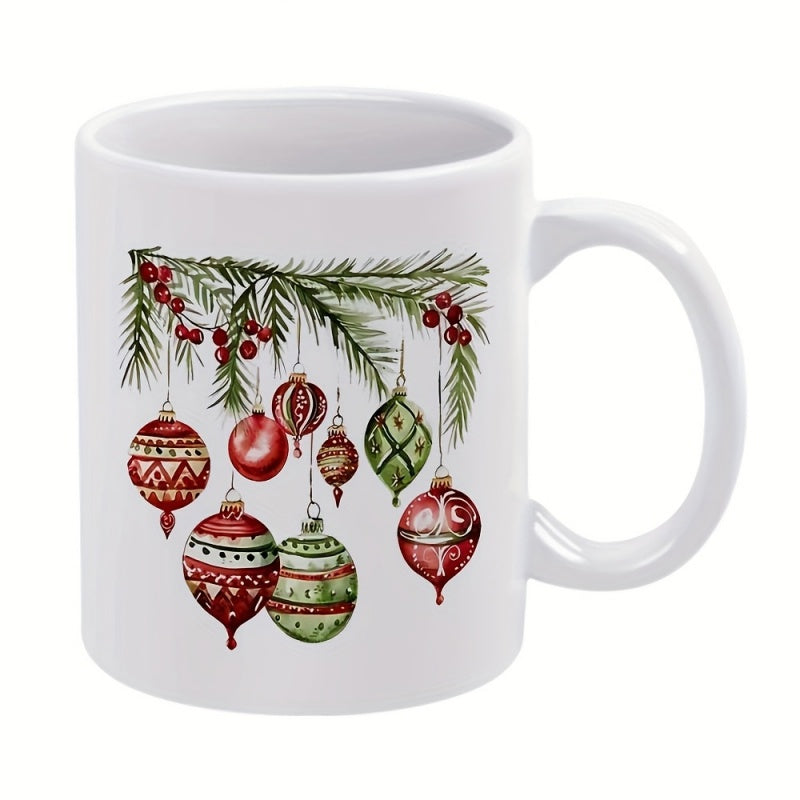 Tailorly White Ceramic 11 oz Mug - Watercolor Evergreen Branch Featuring Red Berries And Colorful Hanging Christmas Ornament