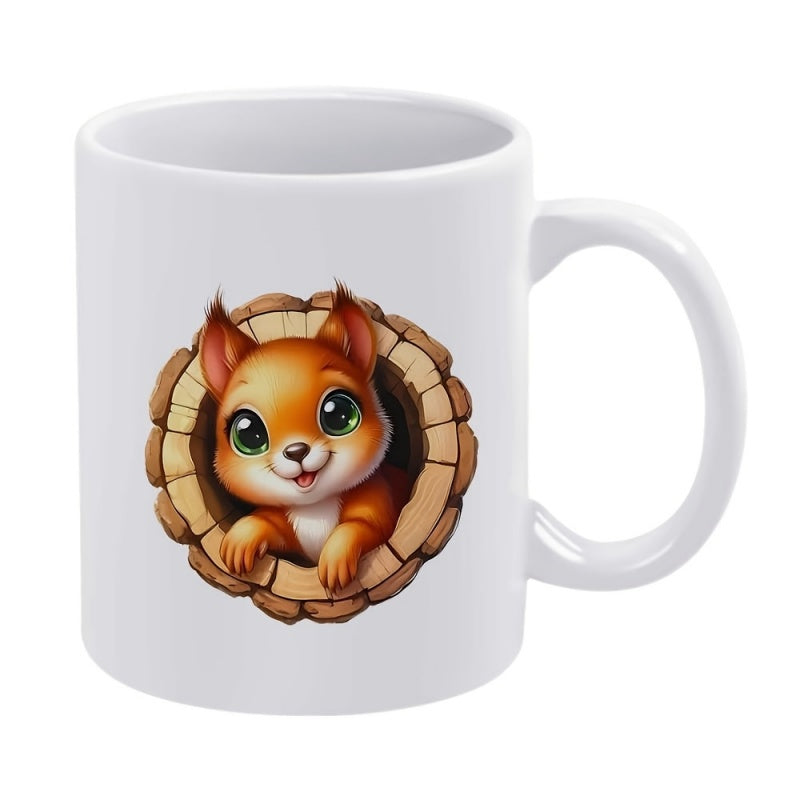 Tailorly White Ceramic 11 oz Mug - Charming Little Orange Squirrel Peeking Through A Rustic Wooden Tree Trunk Squirrel