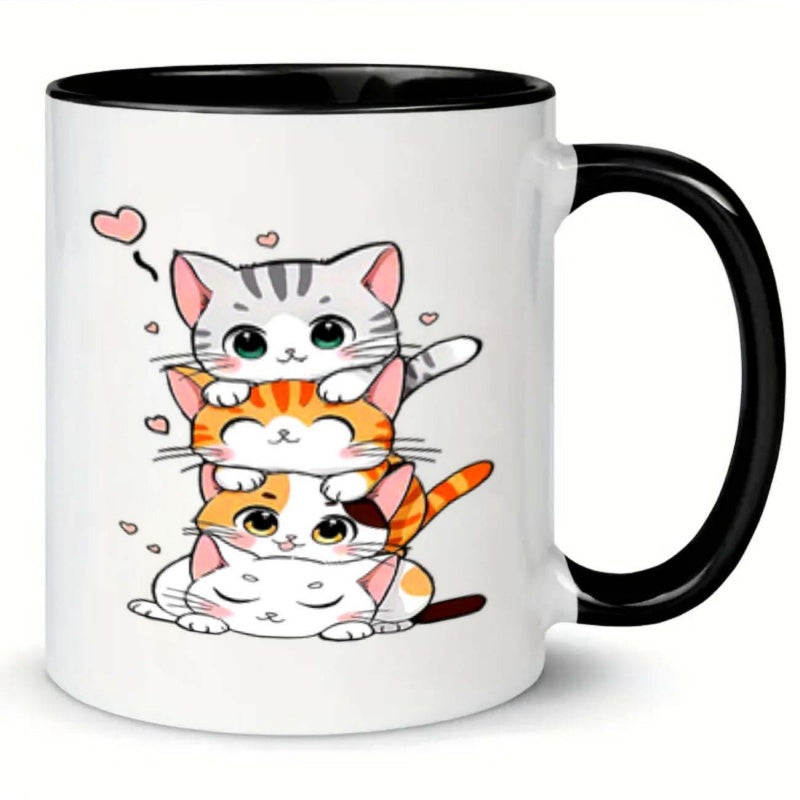 Tailorly Black Accent 11 oz Mug - stacked cats hearts coffee