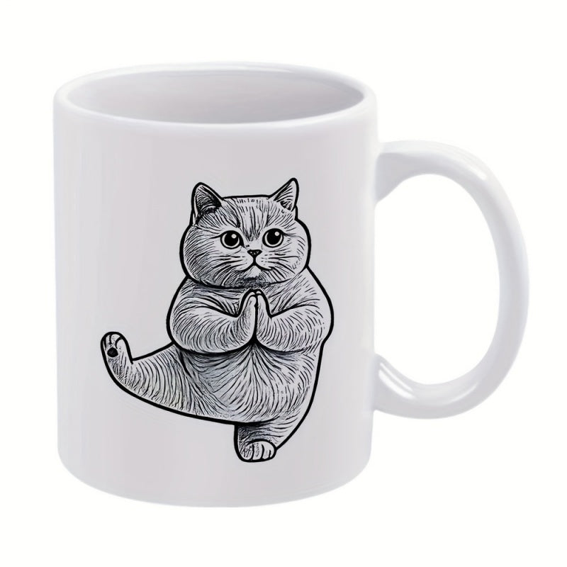 Tailorly White Ceramic 11 oz Mug - Chubby Gray Tabby Practicing Peaceful Yoga Tree Pose Meditation Cat