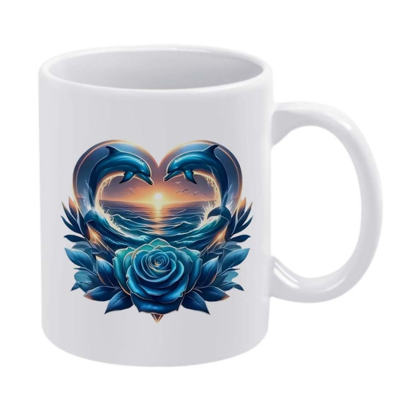Tailorly White Ceramic 11 oz Mug - Majestic Ocean Heart Shaped Waves Under Golden Sunset With Jumping Dolphins Rose