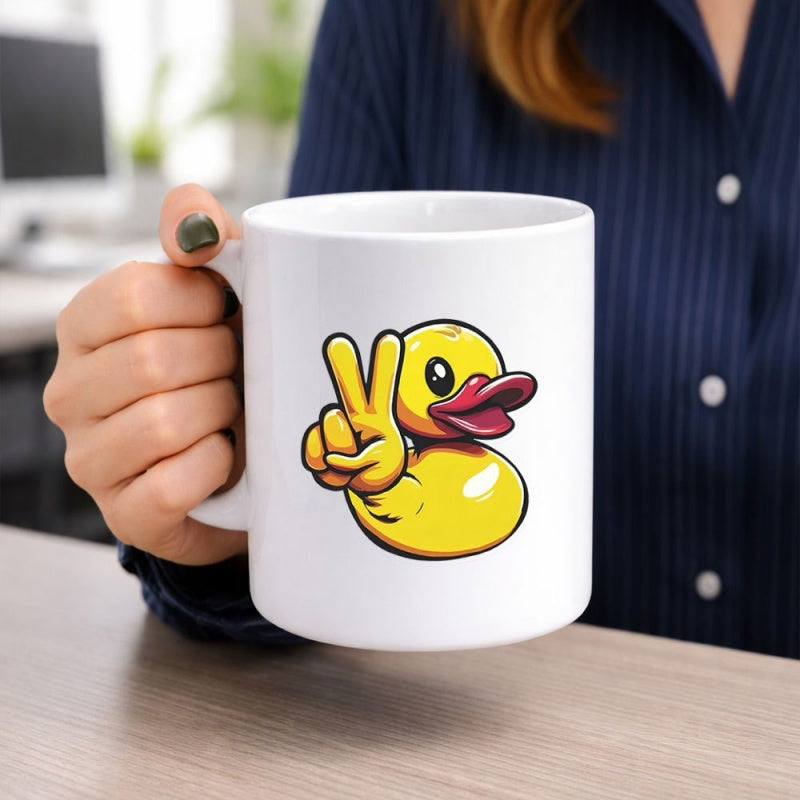 Tailorly White Ceramic 11 oz Mug - Cute Yellow Cartoon Rubber Making Friendly Peace Sign Gesture Duck