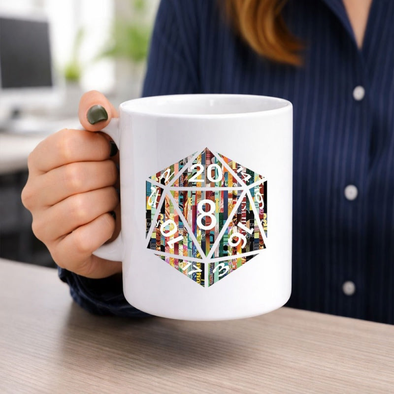 Tailorly White Ceramic 11 oz Mug - Intricate Multi Colored Mosaic Pattern Featured Within A Sharp Geometric Polyhedral Die